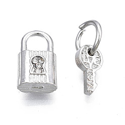 Platinum Rack Plating Alloy Charms Set, with Crystal Rhinestone and Jump Ring, Large Hole Pendants, Cadmium Free & Nickel Free & Lead Free, Pad Lock and Key, Platinum, 14.5x8.5x5mm, 11.5x6x2mm, Hole: 6mm