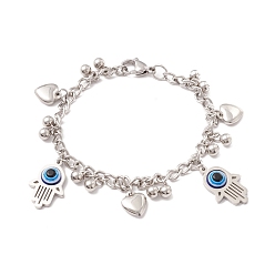 Stainless Steel Color Hamsa Hand/Hand of Miriam with Evil Eye & Heart 201 Stainless Steel Charm Bracelet with 304 Stainless Steel Chains for Women, Stainless Steel Color, 8 inch(20.2cm)