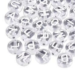 Clear Transparent Acrylic Beads, Flat Round with White Mixed Letters, Clear, 7x4mm, Hole: 1.5mm, about 1480pcs/200g