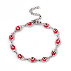 Red 304 Stainless Steel Horse Eye Link Chain Bracelet with Resin Evil Eye Beaded for Women, Red, 6-7/8 inch(17.5cm)