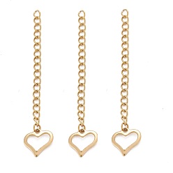 Golden Ion Plating(IP) 304 Stainless Steel Chain Extender, with Heart Charms, Golden, 62~70mm, Ring: 4x3x0.5mm
