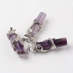 Amethyst Tube Natural Amethyst Pendants, with Dragon Brass Findings, Platinum, 48x15x10mm, Hole: 7x5mm