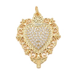 Real 18K Gold Plated Rack Plating Brass Micro Pave Clear Cubic Zirconia Pendants, Cadmium Free & Nickel Free & Lead Free, Long-Lasting Plated, with Jump Ring, Heart, Real 18K Gold Plated, 31x24x2.5mm, Jump Ring: 5x0.5mm, Inner diameter: 3.5mm