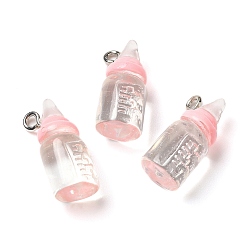 Pink Pendentifs en résine transparente, charmes de bouteille de lait, avec boucles en alliage de zinc ton platine, rose, 20x9mm, Trou: 2mm