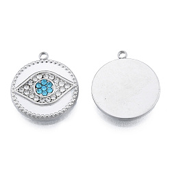 Stainless Steel Color 304 Stainless Steel Pendants, with Rhinestone, Flat Round with Eye, Stainless Steel Color, 19x16.5x2.5mm, Hole: 1.4mm