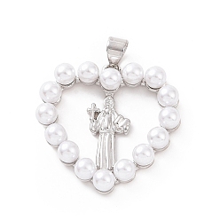 Platine Laiton avec pendentifs en plastique ABS imitation perles, coeur avec charme de prêtre, platine, 25.5x25x5mm, Trou: 3.5x5mm