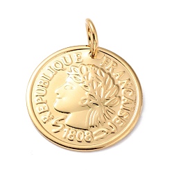 Golden 304 Stainless Steel Coin Pendants, with Jump Rings, Flat Round, Golden, 20x1mm, Hole: 5mm, Jump Ring: 7x1mm