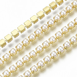 Doré  Laiton chaînes de griffe, avec perles en plastique imitation abs, avec bobine, or, ss 12, 3~3.2mm, à propos de 10yards / roll (9.14m / roll)