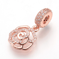 Rose Gold Brass Micro Pave Cubic Zirconia European Dangle Charms, Large Hole Pendants, Flower, Rose Gold, 26x10x3.5mm, Hole: 4.5mm, Pendant: 16x13x4mm