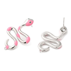 Pink Boucles d'oreilles serpent en émail avec strass, boucles d'oreilles en laiton platine pour femme, sans plomb et sans cadmium, rose, 34x21mm