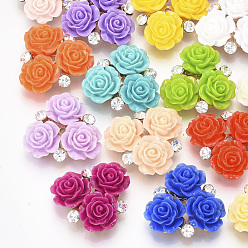 Mixed Color Resin Cabochons, with Light Gold Plated Alloy and Crystal Rhinestone, Flower, Mixed Color, 27~29x27~28x9.5mm