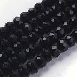 Black Imitation Crystal Glass Beads, Rondelle, Jet, Faceted, Size: about 4.5mm in diameter, 3.5mm thick, hole: 1mm, about 123~127pcs/strand, 17~17.5 inch(43~44cm)