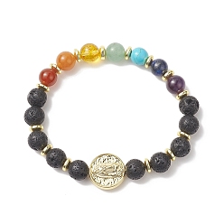 Mixed Stone Natural & Synthetic Mixed Gemstone & Brass Virgin Mary Beaded Stretch Bracelet for Women, Inner Diameter: 2-1/2 inch(6.2cm)