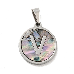 Letter V 304 Stainless Steel with Paua Shell Pendants, Stainless Steel Color, Flat Round with Letter Charm, Letter.V, 18x16x1.5mm, Hole: 3x6mm