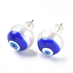 Bleu Clous d'oreilles mauvais œil en coquillage naturel avec émail, bijoux en laiton plaqué or véritable 18k pour femmes, bleu, 14mm, pin: 0.8 mm