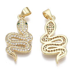 Real 16K Gold Plated Brass Micro Pave Cubic Zirconia Pendants, with Brass Snap On Bails, Nickel Free, Snake, Clear & Green, Real 16K Gold Plated, 24x13.5x3mm, Hole: 5x3.5mm