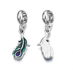 Teal Rack Plating Alloy Enamel European Dangle Charms, Large Hole Pendants, Cadmium Free & Nickel Free & Lead Free, Feather, Platinum, Teal, 27.5mm, Hole: 5mm, Feather: 12x12x5.5mm
