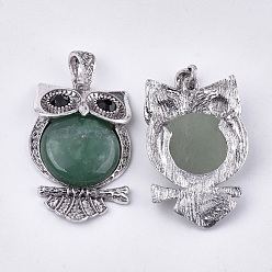 Agate Natural Green Aventurine Big Pendants, with Rhinestone and Alloy Findings, Dyed, Owl, Antique Silver, 50x32x9.5~10mm, Hole: 4.5x9mm