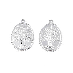 Stainless Steel Color 201 Stainless Steel Pendants, Oval with Tree of Life, Stainless Steel Color, 30x20.5x1.5mm, Hole: 1.8mm