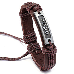 Coconut Brown Adjustable Cowhide Cord Bracelets for Men, Antique Silver Tone Word Hope Alloy Links Bracelets, Coconut Brown, 6-3/4 inch(17cm)