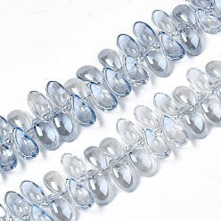 Bleu Acier Clair Perles en verre plaquent brin, perle plaquée lustre, feuille, bleu acier clair, 6x12.5x4.5mm, Trou: 0.9mm, Environ 100 pcs/chapelet, 14.17 pouces ~ 15.35 pouces (36~39 cm)