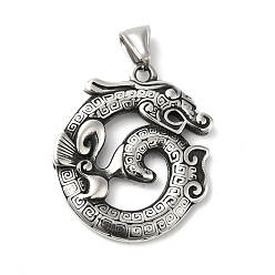 Antique Silver 304 Stainless Steel Manual Polishing Pendants, Dragon Charms, Antique Silver, 38x33x3.5mm, Hole: 4.5x8.5mm