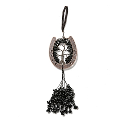 Obsidian Natural Obsidian Chip Tree of Life Pendants Decoration, Brass Horse Shose Tassel Gems Hanging Ornaments, 220mm, Pendant: 170x59x7mm