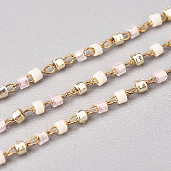 Blanched Almond Handmade Glass Seed Beaded Chains, with Stainless Steel Cable Chains, Unwelded, with Spool, Golden, Blanched Almond, 1~2x0.9~1.5mm, about 26.24 Feet(8m)/roll