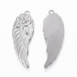 Stainless Steel Color 304 Stainless Steel Pendants, Wing, Stainless Steel Color, 37x13.5x2.5mm, Hole: 1.5mm