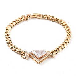 Diamond Cubic Zirconia Link Bracelet with Golden Brass Curb Chains, Long-Lasting Plated, Diamond, 7-7/8 inch(20.1cm)