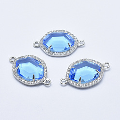 Cornflower Blue Brass Micro Pave Cubic Zirconia Links, with Glass, Faceted, Oval, Platinum, Cornflower Blue, 26x16x5mm, Hole: 1.6mm