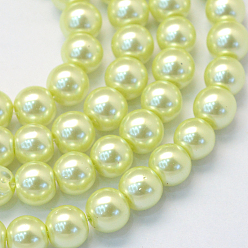 Jaune Verge D'or Cuisson peint perles de verre nacrées brins de perles rondes, jaune verge d'or clair, 8~9mm, Trou: 1mm, Environ 105 pcs/chapelet, 31.4 pouce