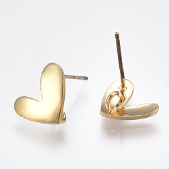 Real 18K Gold Plated Brass Stud Earring Findings, with Loop, Raw(Unplated) Silver Pins, Heart, Real 18K Gold Plated, 9.5x11.5mm, Hole: 2mm, Pin: 0.6mm