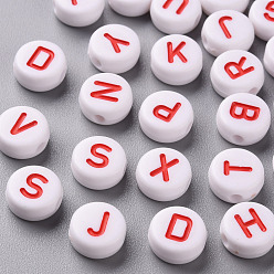Red Opaque White Acrylic Beads, with Enamel, Horizontal Hole, Flat Round with Random Initial Letter, Red, 9.5x4.5mm, Hole: 2mm, 1580pcs/500g