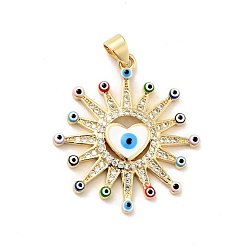 Colorful Rack Plating Brass Micro Pave Clear Cubic Zirconia Pendants, with Enamel, Cadmium Free & Lead Free, Sun with Evil Eye & Heart, Real 18K Gold Plated, Colorful, 29.5x26.5x3.7mm, Hole: 3.2x3.5mm