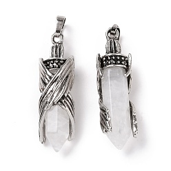 Quartz Crystal Natural Quartz Crystal Pendants, with Alloy Findings, Cadmium Free & Lead Free, Faceted, Bullet with Wing, 43.5~44x12.5~13x11.5~12mm, Hole: 7x5mm