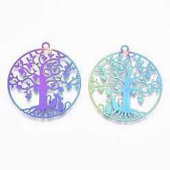 Rainbow Color Ion Plating(IP) 201 Stainless Steel Filigree Pendants, Etched Metal Embellishments, Flat Round with Heart Tree & Lover Cat, for Valentine's Day, Rainbow Color, 33.5x30.5x0.4mm, Hole: 2mm
