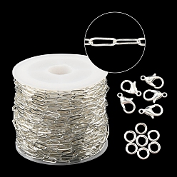 Plata Kit de fabricación de conjuntos de joyas con cadenas de clips de bricolaje, incluyendo cadenas de clips de latón, Ganchos de aleación de zinc de langosta garra, latón anillos del salto abierto, plata, cadenas: 7.5x3x0.5mm, 10 m / rollo, 1 rollo / bolsa
