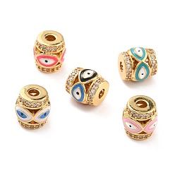 Mixed Color Real 18K Gold Plated Brass Micro Pave Clear Cubic Zirconia Beads, Cadmium Free & Nickel Free & Lead Free, with Enamel, Column with Evil Eyes, Mixed Color, 10x9.5mm, Hole: 3mm