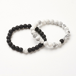 Mixed Material Couples Stretch Bracelets, with Black Glass Beads and Howlite Beads, Frosted, 2-1/4 inch(58mm), 2pcs/set