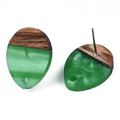 Medium Sea Green Resin & Walnut Wood Stud Earring Findings, with 304 Stainless Steel Pin, Teardrop, Medium Sea Green, 17x13mm, Hole: 1.8mm, Pin: 0.7mm
