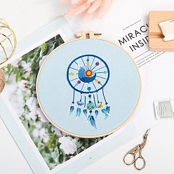 Sky Blue DIY Woven Net/Web with Feather Pattern Embroidery Kit, Including Imitation Bamboo Frame, Iron Pins, Cloth, Colorful Threads, Sky Blue, 213x201x9.5mm, Inner Diameter: 183mm