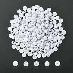 Plaqué Argent 300pcs 2 styles perles acryliques blanches opaques, métal enlacée, rond et plat avec des lettres, Plaqué Argent, 7x3.5~4mm, Trou: 1.5~1.8mm