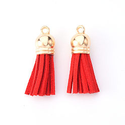 Rouge Faux suède pendentif pompon décorations, avec extrémités de cordon en plastique ccb, or et de lumière, rouge, 33~35x10mm, Trou: 2.5mm