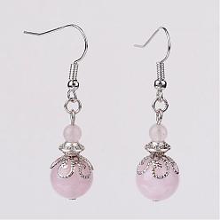 Quartz Rose Naturel a augmenté de perles de quartz dangle boucles d'oreilles, avec crochets d'oreilles en laiton, accessoires en alliage et en fer, platine, 42mm