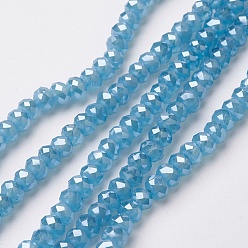 Bleu Clair Perles en verre electroplate, perle plaquée lustre, facette, rondelle, bleu clair, 4~4.5x3mm, Trou: 0.5mm, Environ 130~135 pcs/chapelet, 15.5~16 pouce (39~40 cm)