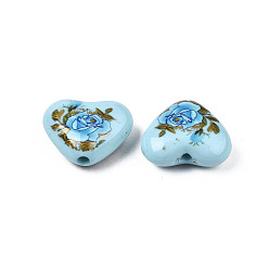 Sky Blue Flower Printed Opaque Acrylic Heart Beads, Sky Blue, 16x19x8mm, Hole: 2mm