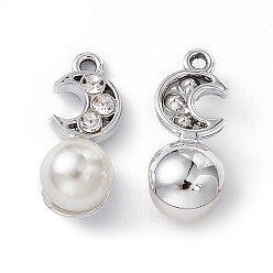 Crystal Alloy Rhinestone Pendants, with ABS Imitation Pearl Beads, Moon Charm, Platinum, Crystal, 19x8x8.5mm, Hole: 1.4mm