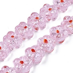 Pink Brins de perles au chalumeau bosselés faits à la main transparents, avec des paillettes d'argent, fleur, rose, 13.5~14.5x14.5x8.5~10mm, Trou: 0.8~1.6mm, Environ 35 pcs/chapelet, 18.50 pouces~19.37 pouces (47cm~49.2cm)
