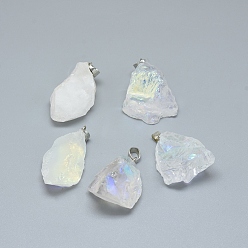 Quartz Crystal Electroplate Natural Crystal Pendants, with Platinum Tone Alloy Snap on Bails, AB Color Plated, Nuggets, 28~32x17~22x15~20mm, Hole: 5x4mm
